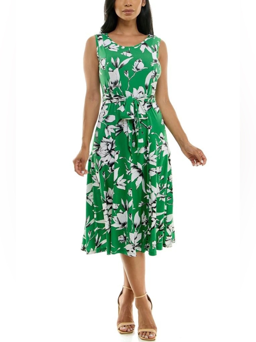 Nina Leonard Green Floral Midi Dress size Large